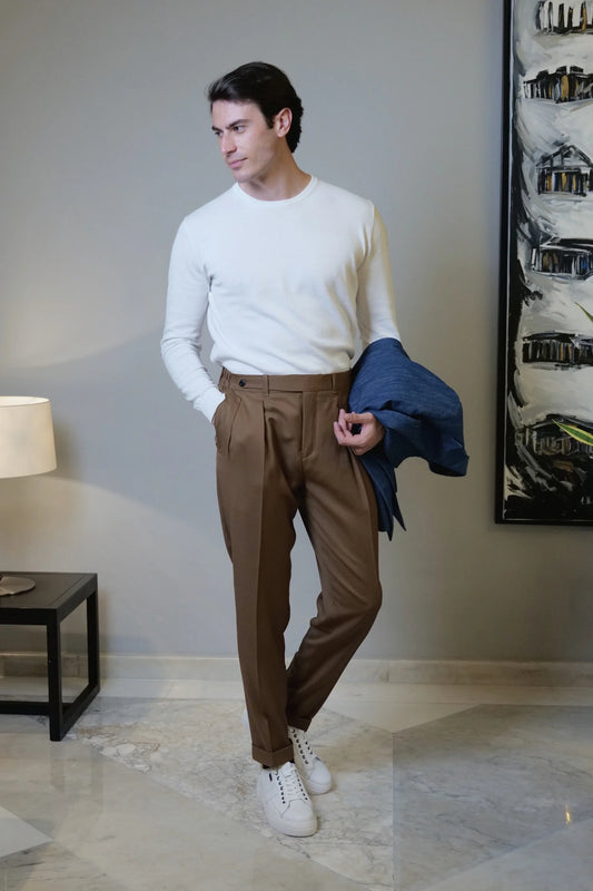 Pantaloni in lana 130's marrone quattro stagioni