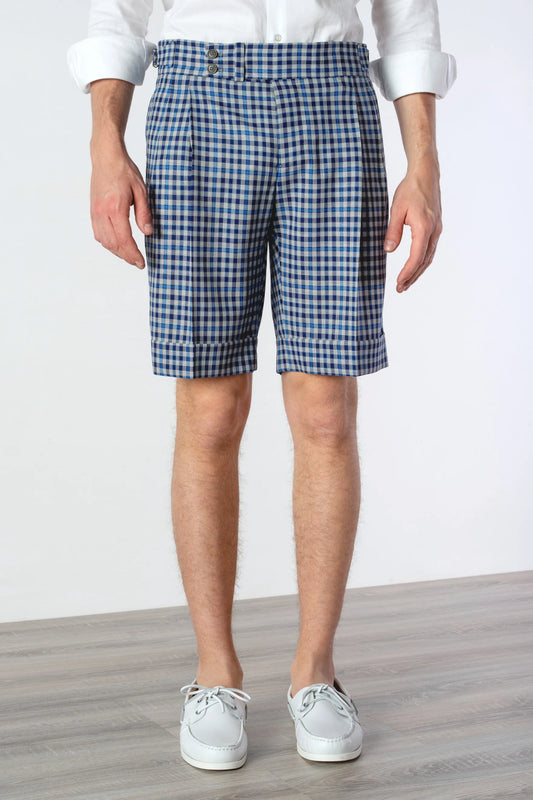 Spring summer light blue checked 130's wool shorts