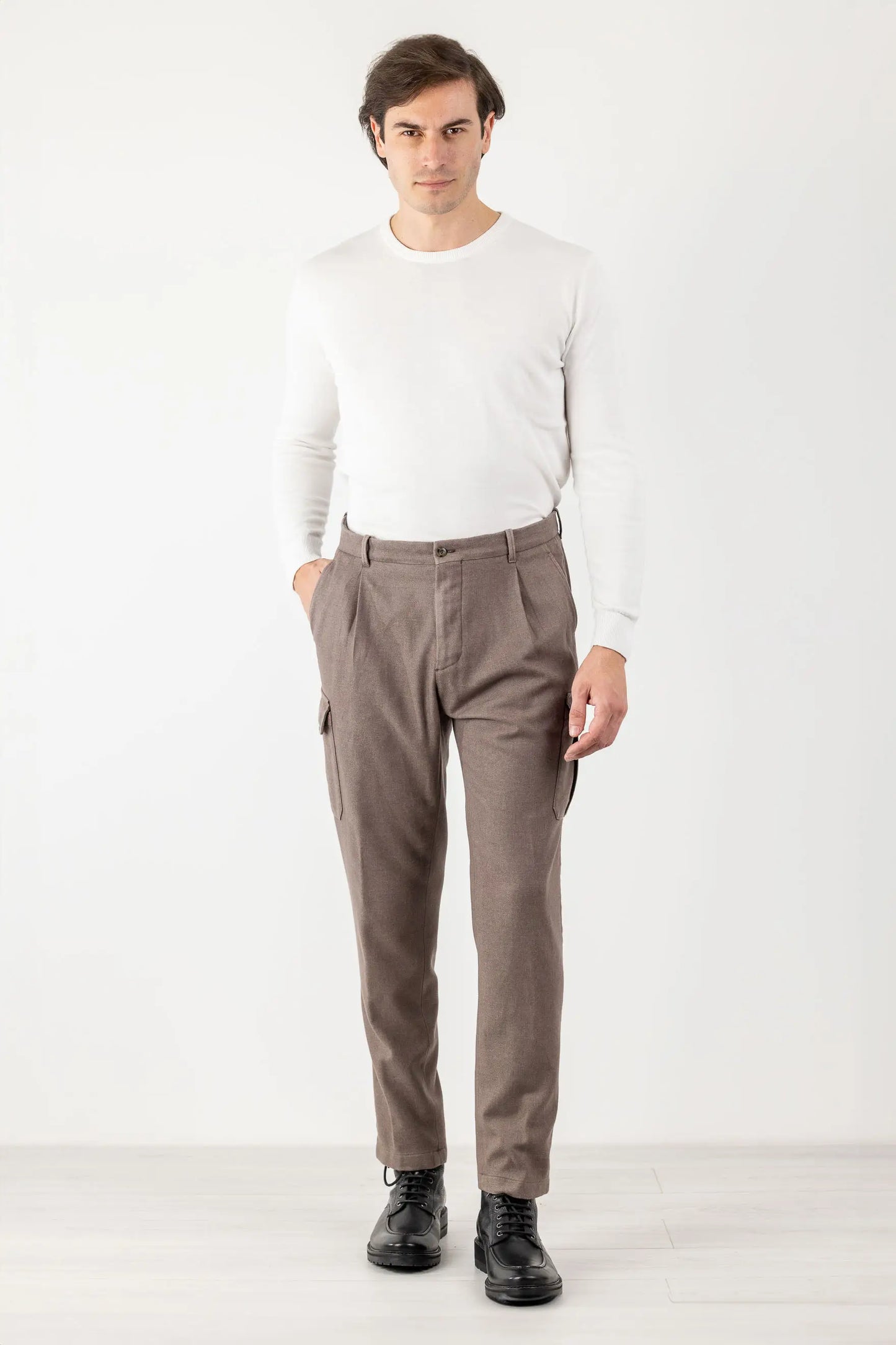 Pantaloni chino in flanella tinto lana marrone fall winter