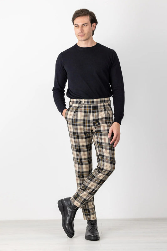 Autumn winter beige and black checked wool flannel trousers