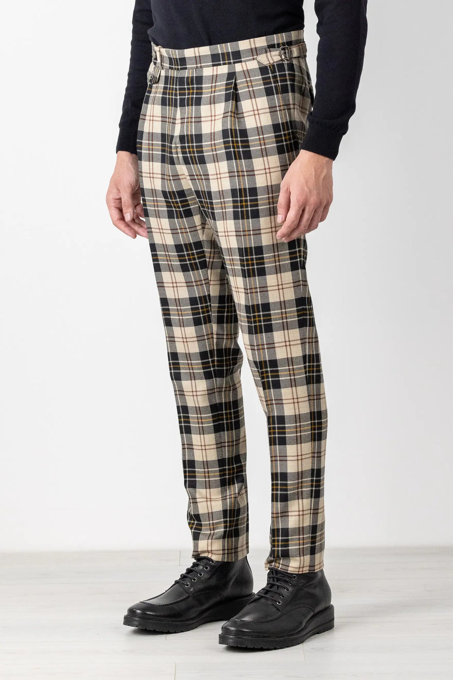 Autumn winter beige and black checked wool flannel trousers