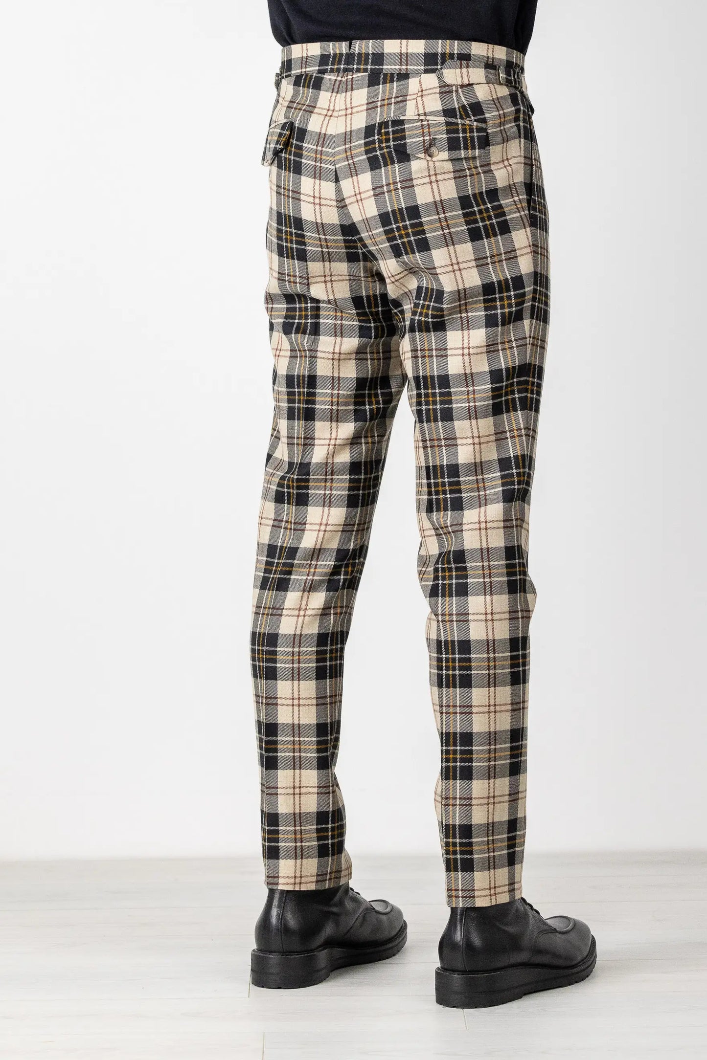 Autumn winter beige and black checked wool flannel trousers