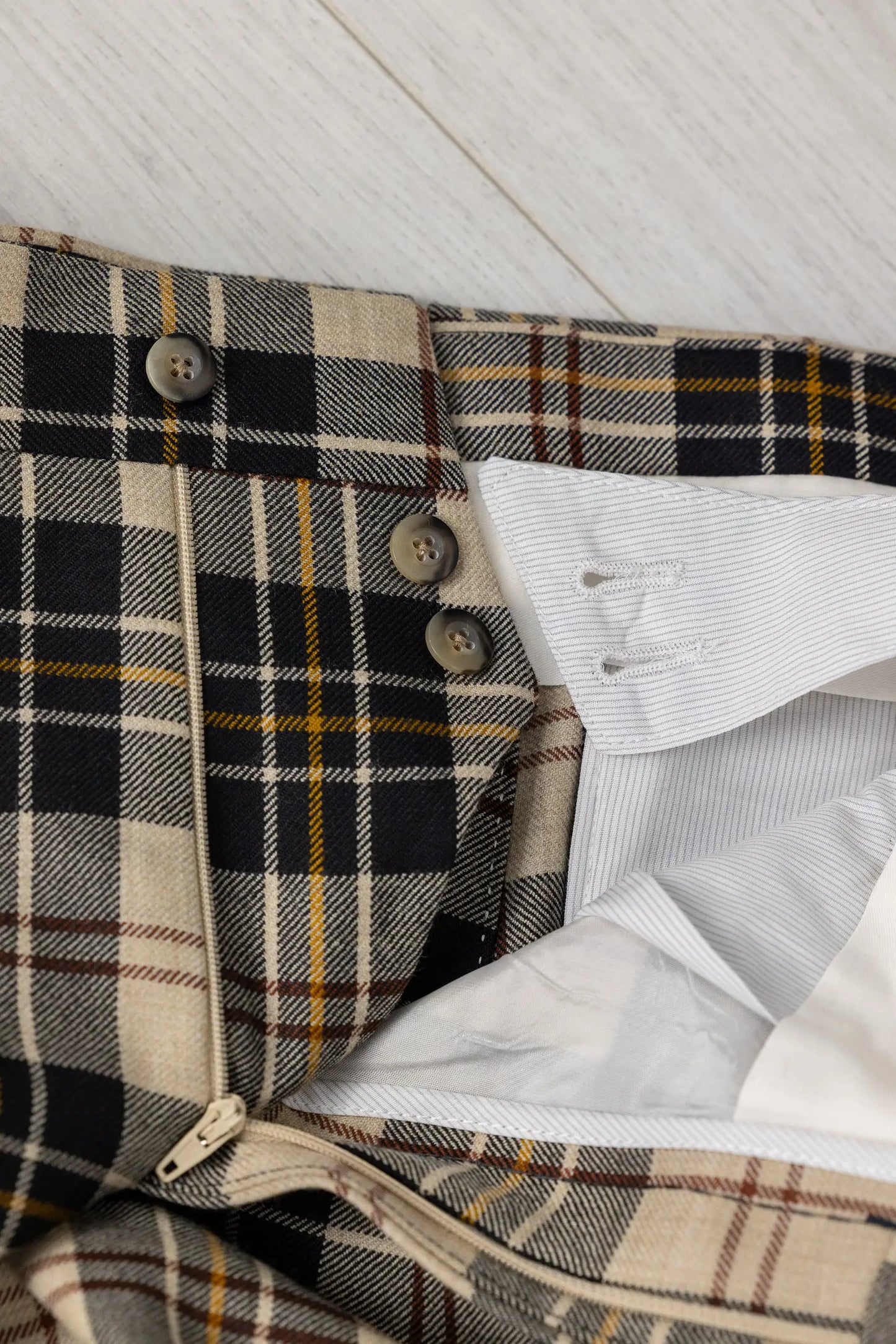 Autumn winter beige and black checked wool flannel trousers