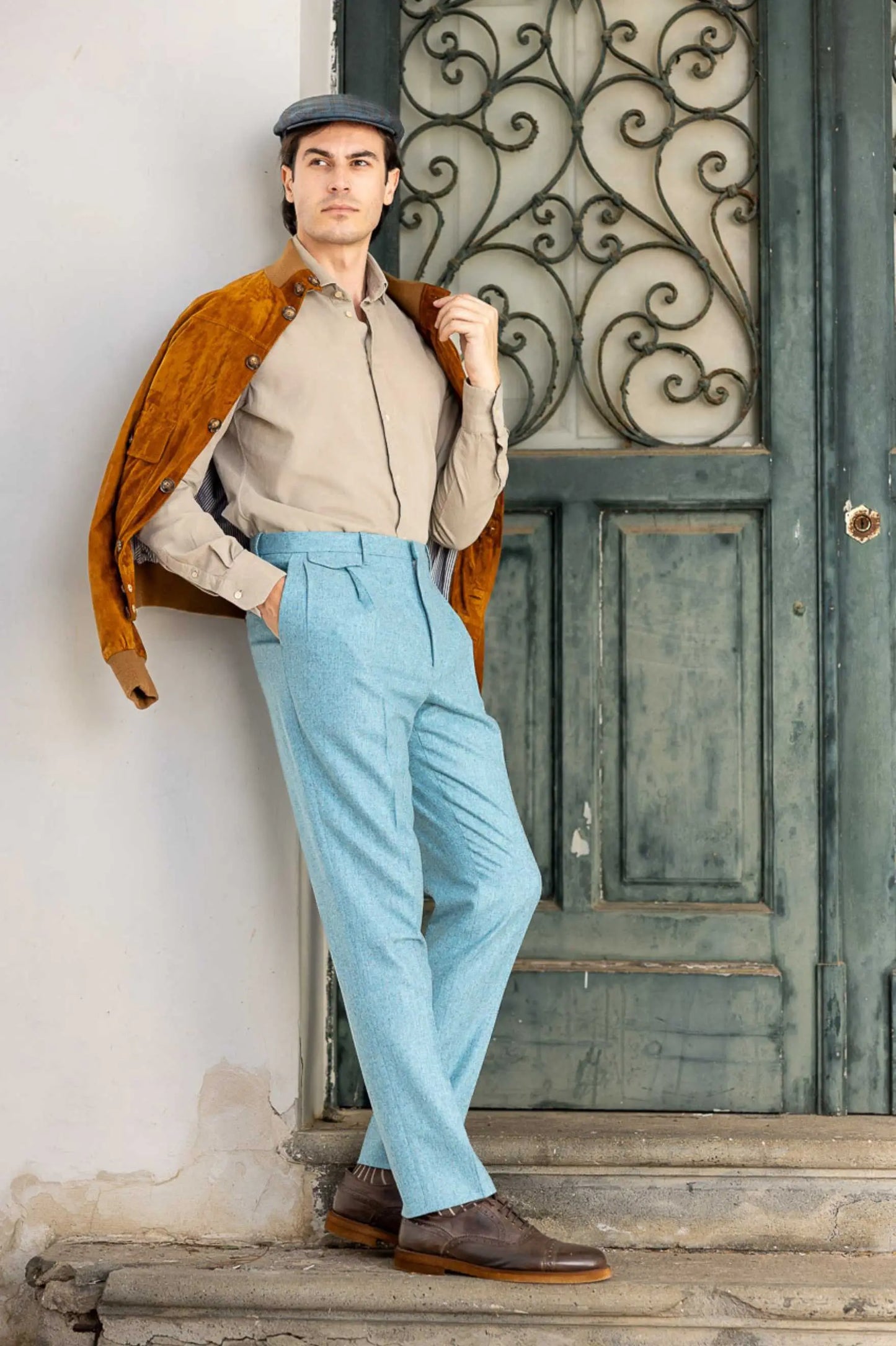 Pantaloni in flanella di lana 130’s azzurro autunno inverno