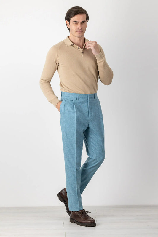 Pantaloni in flanella di lana 130’s azzurro autunno inverno