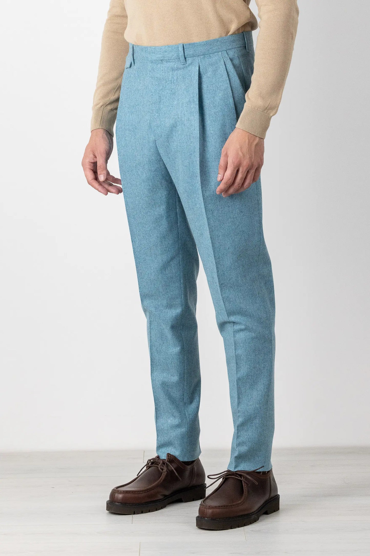 Pantaloni in flanella di lana 130’s azzurro autunno inverno