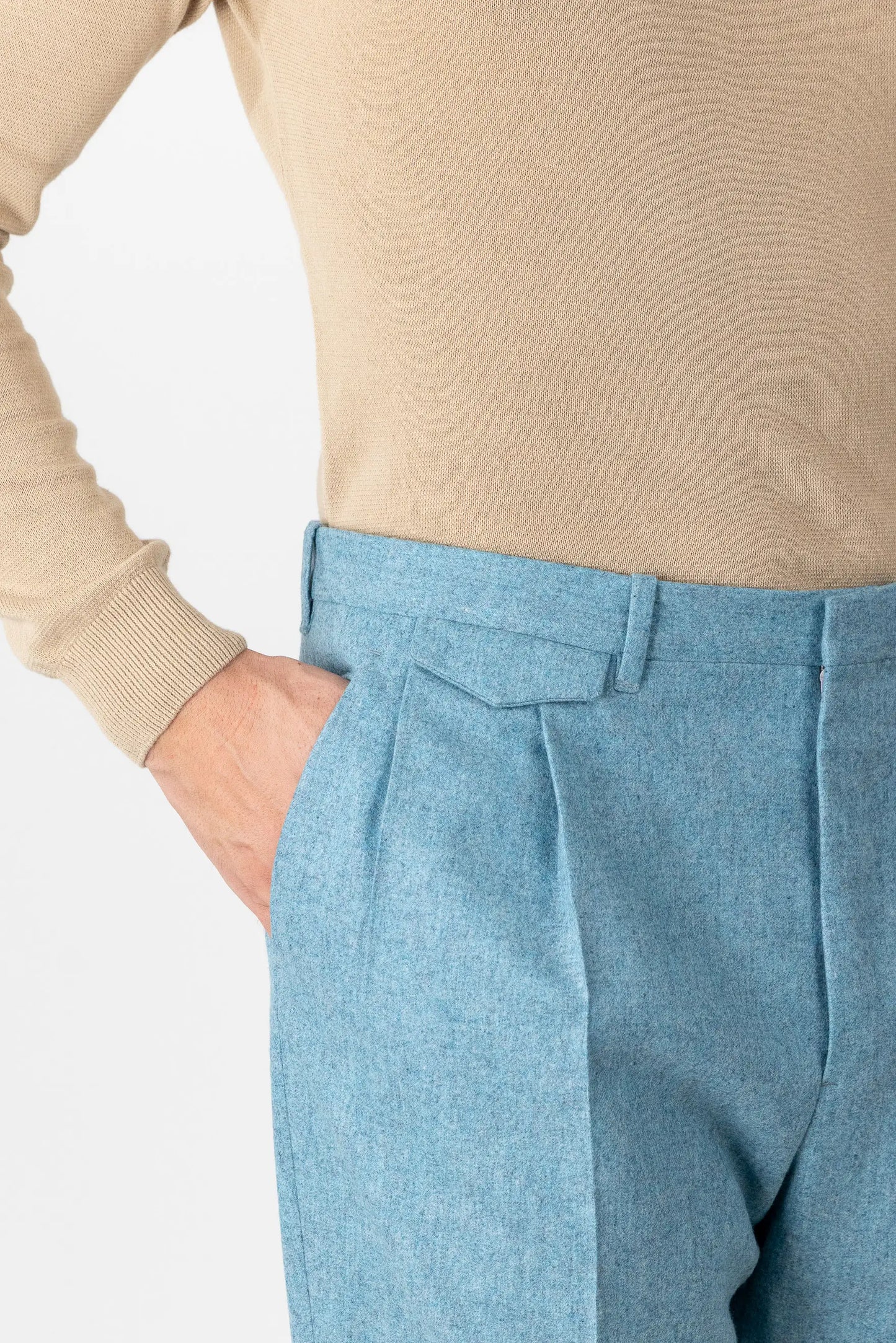 Pantaloni in flanella di lana 130’s azzurro autunno inverno