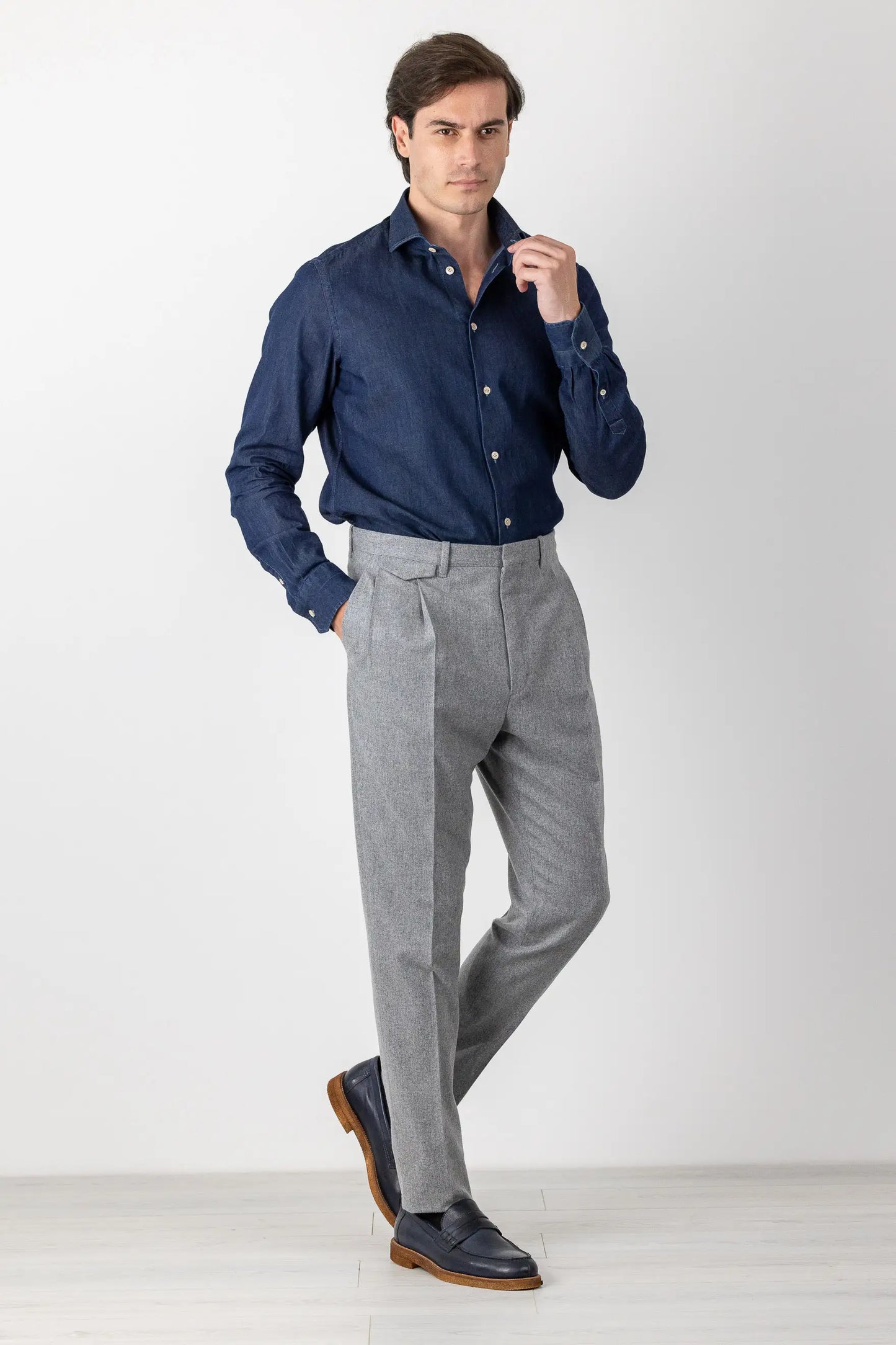 Autumn winter gray 130's wool flannel trousers