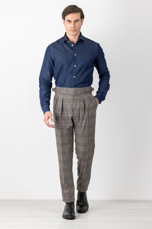 Autumn winter brown checked 130's wool flannel trousers