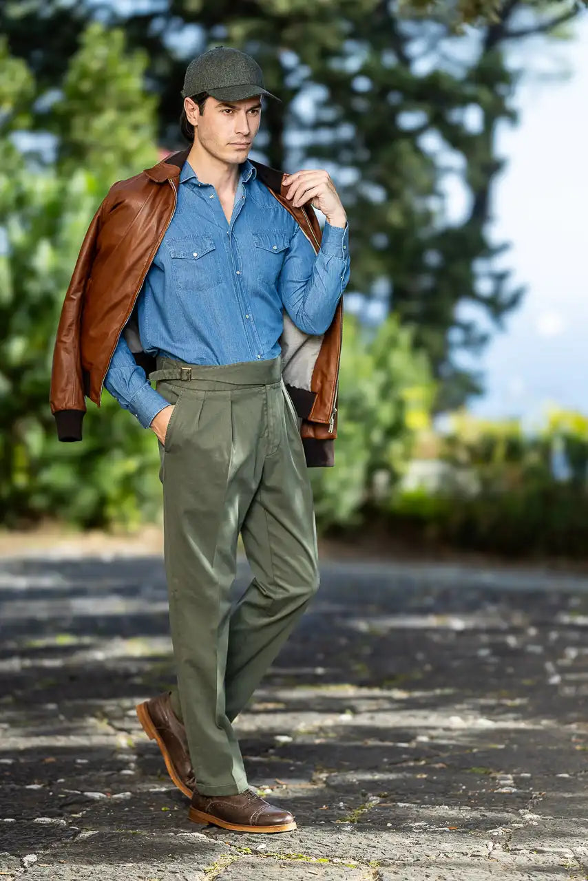 Autumn winter green cotton and modal chino trousers