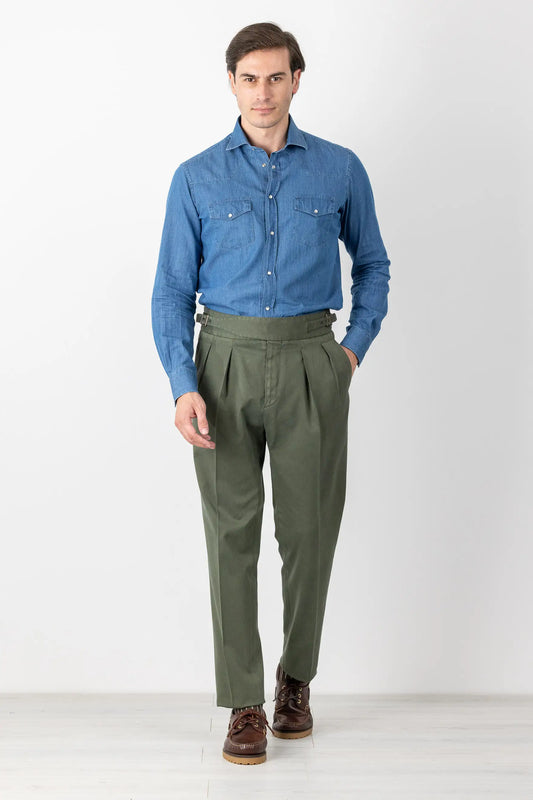 Autumn winter green cotton and modal chino trousers